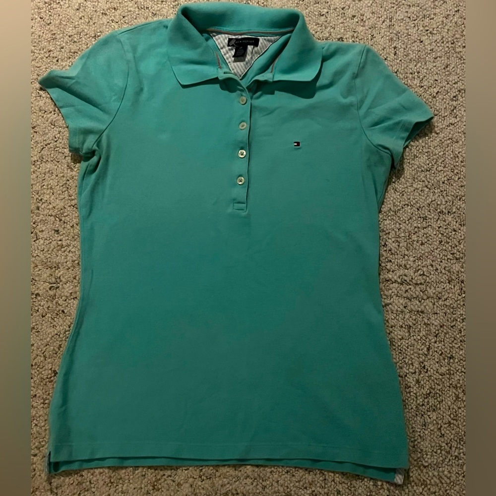 TOMMY HILFIGER • WOMENS VINTAGE AQUA BLUE POLO TYPE SHIRT SIZE SMALL PETITE